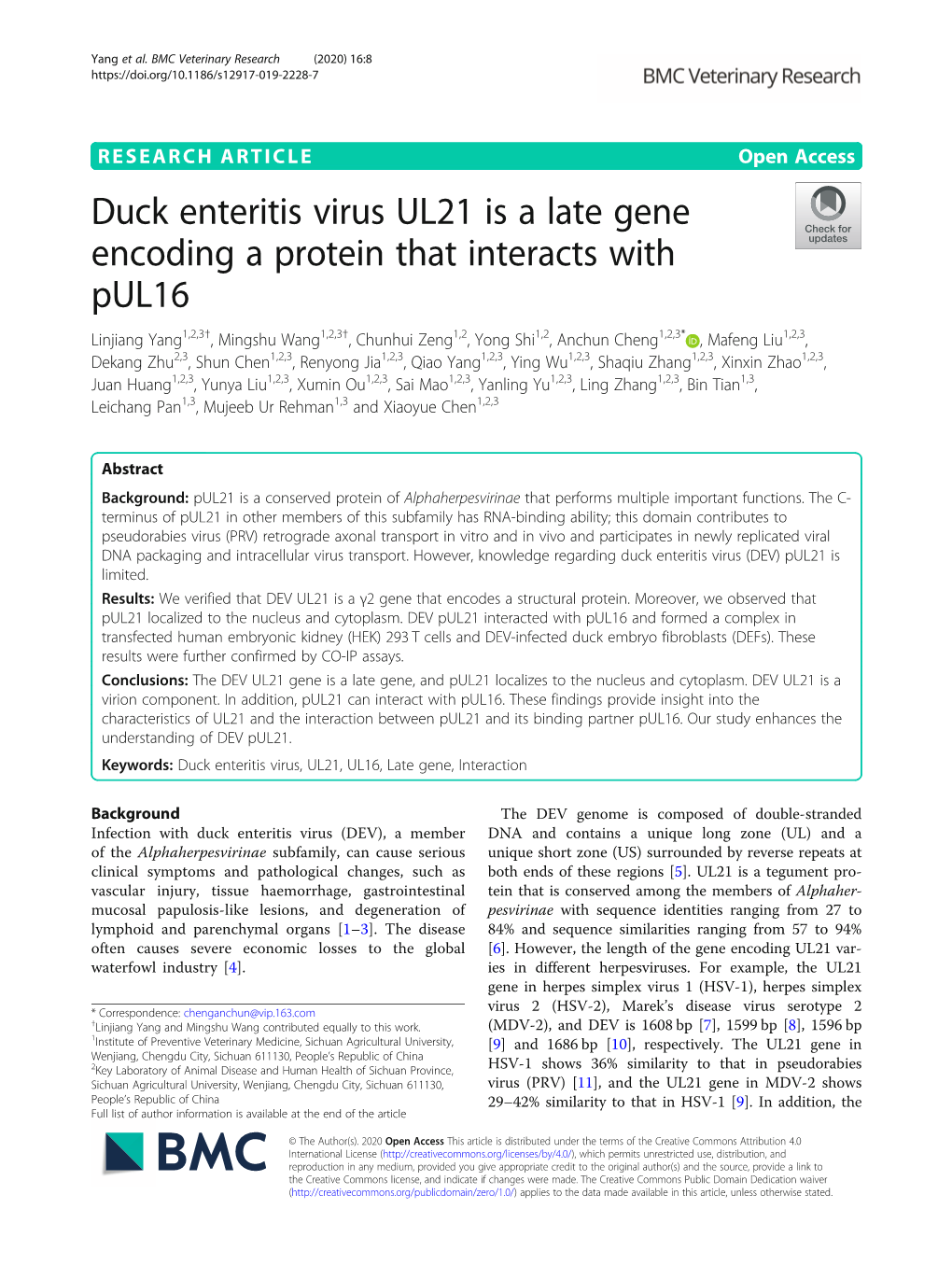 Duck Enteritis Virus UL21 Is a Late Gene Encoding a Protein That