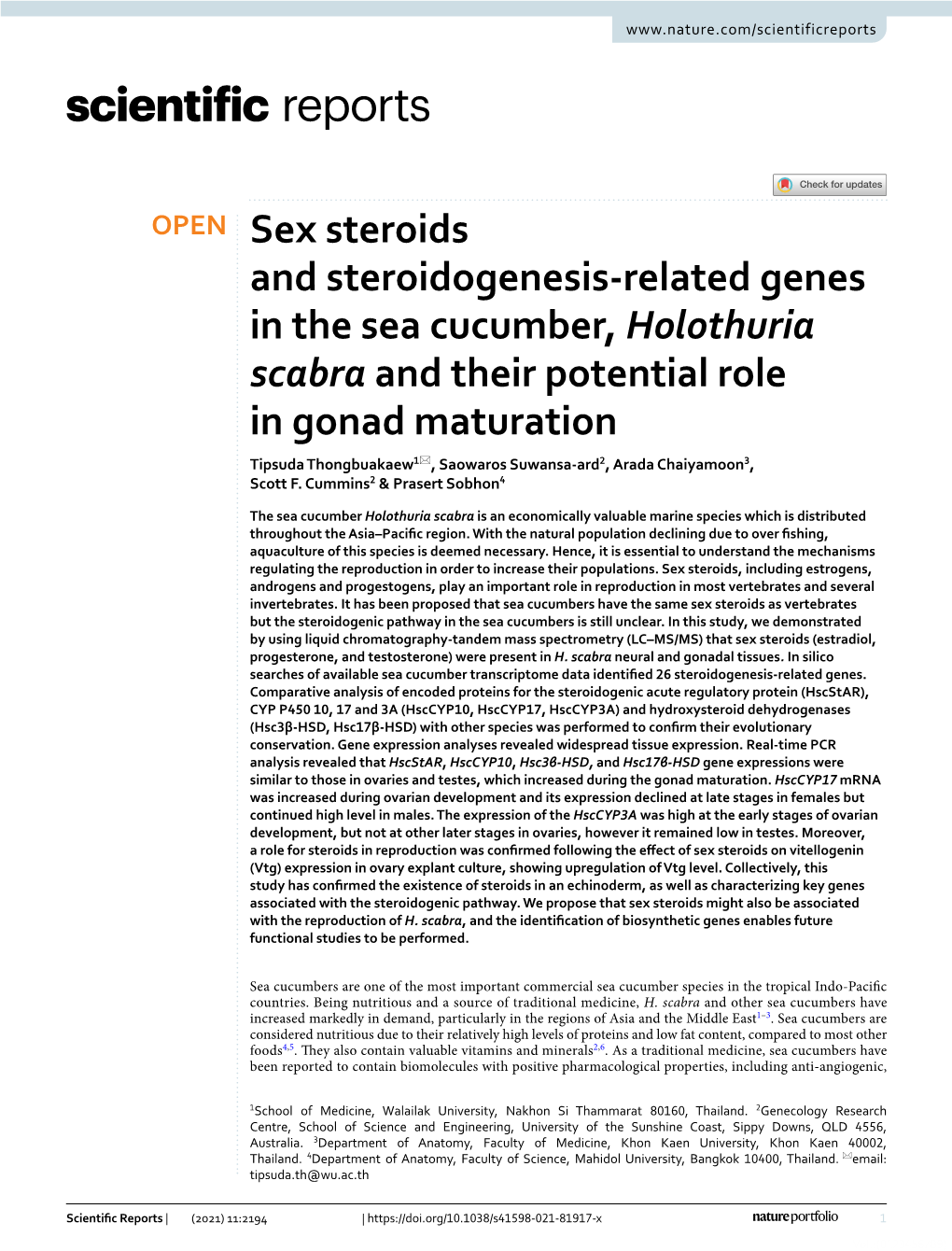 Sex Steroids and Steroidogenesis-Related Genes In