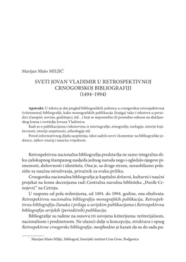 Sveti Jovan Vladimir U Retrospektivnoj Crnogorskoj Bibliografiji (1494–1994) 311