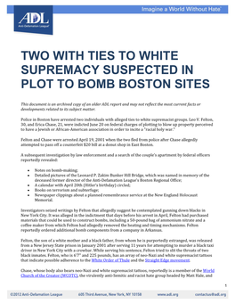 Two with Ties to White Supremacy Suspected in Plot to Bomb Boston Sites