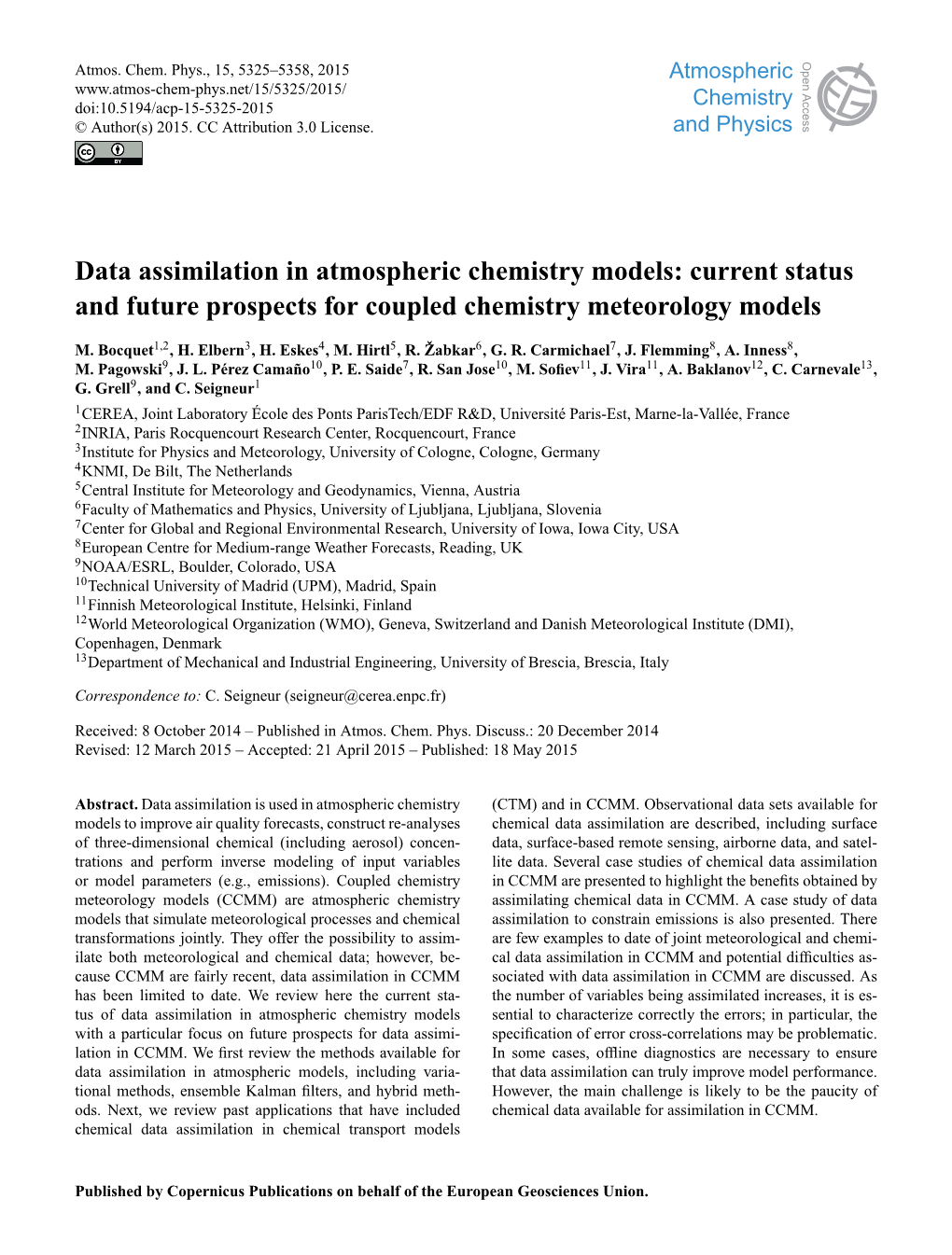 Data Assimilation in Atmospheric Chemistry Models: Current Status and Future Prospects for Coupled Chemistry Meteorology Models