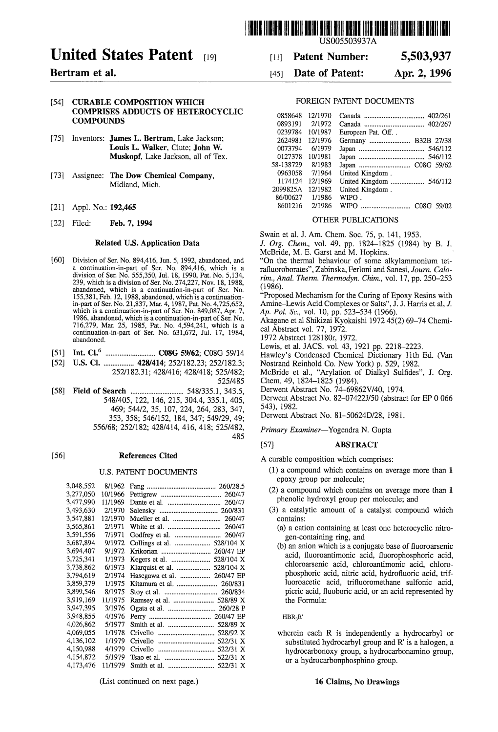 United States Patent 19 11 Patent Number: 5,503.937 Bertram Et Al