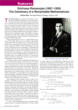 Srinivasa Ramanujan (1887–1920) the Centenary of a Remarkable Mathematician Adrian Rice, Randolph-Macon College, Virginia, USA