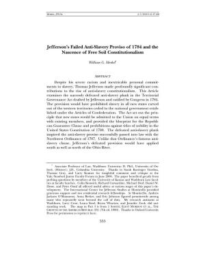 Jefferson's Failed Anti-Slavery Priviso of 1784 and the Nascence of Free Soil Constitutionalism