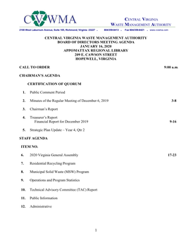 Central Virginia Waste Management Authority Board of Directors Meeting Agenda January 16, 2020 Appomattax Regional Library 209 E