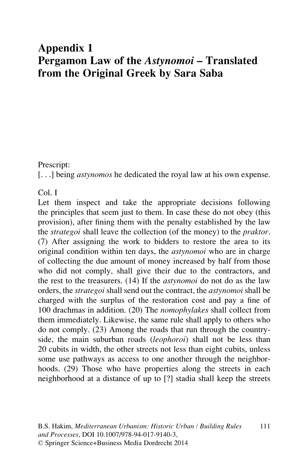 Appendix 1 Pergamon Law of the Astynomoi – Translated from the Original Greek by Sara Saba