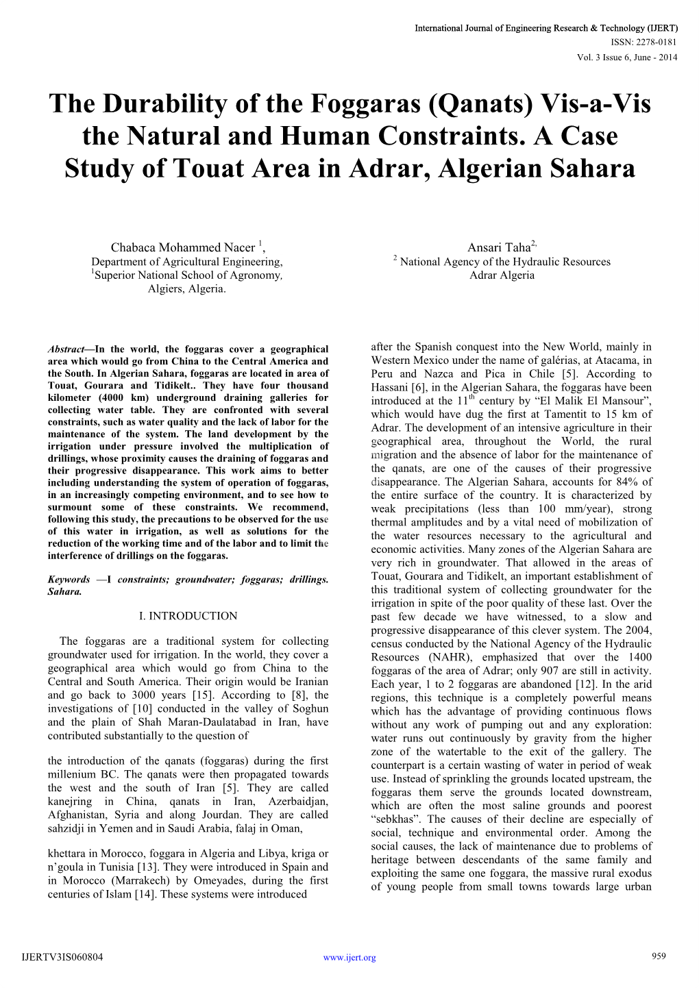 The Durability of the Foggaras (Qanats) Vis-A-Vis the Natural and Human Constraints