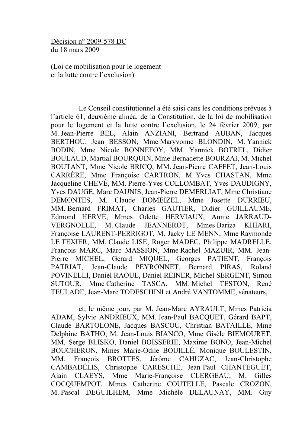 Décision N° 2009-578 DC Du 18 Mars 2009