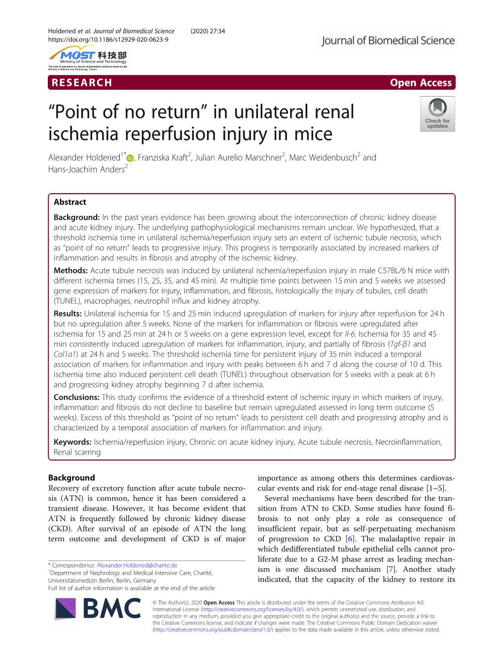 “Point of No Return” in Unilateral Renal Ischemia Reperfusion Injury in Mice