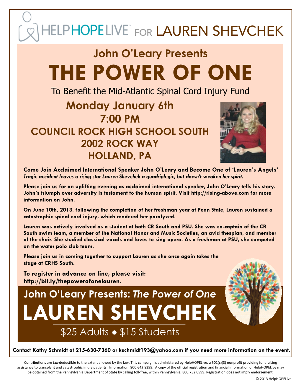 The Power of One LAUREN SHEVCHEK $25 Adults ● $15 Students