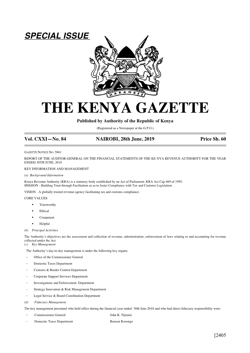 THE KENYA GAZETTE Published by Authority of the Republic of Kenya (Registered As a Newspaper at the G.P.O.)