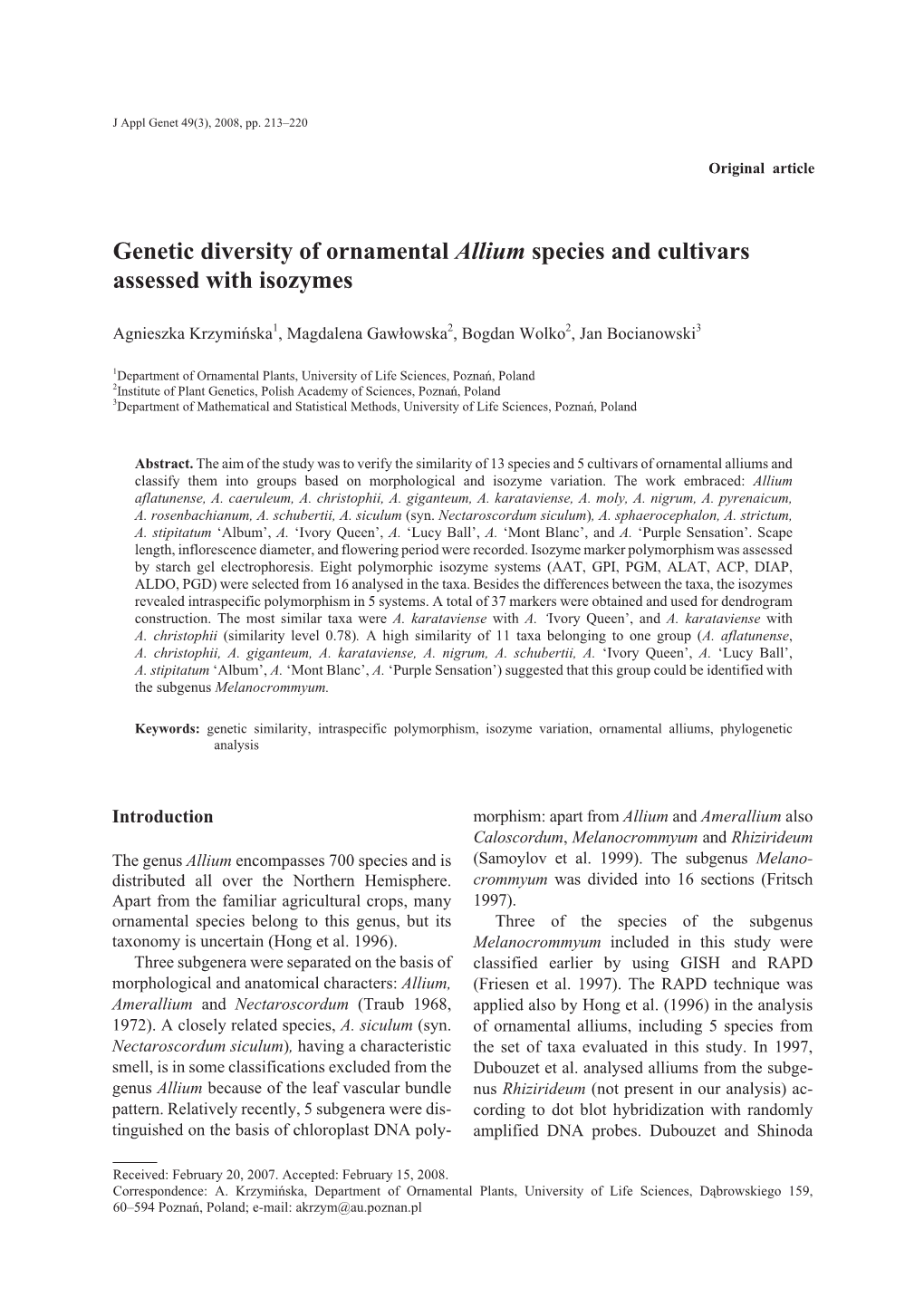 Genetic Diversity of Ornamental Allium Species and Cultivars Assessed with Isozymes