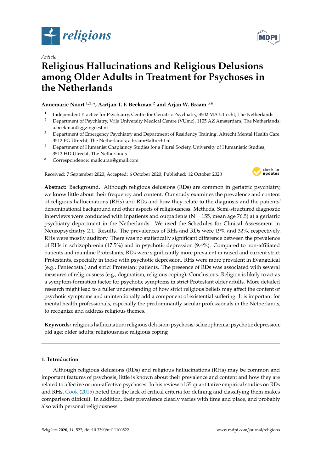 Religious Hallucinations and Religious Delusions Among Older Adults in Treatment for Psychoses in the Netherlands