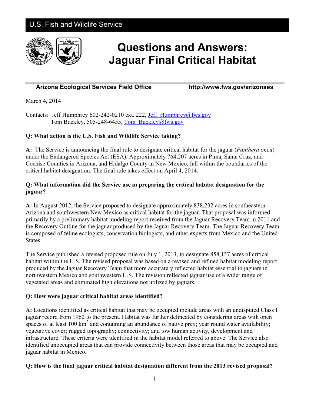 Jaguar Final Critical Habitat