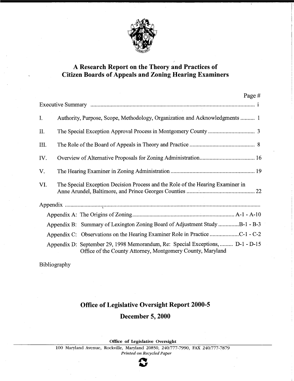 A Research Report on the Theory and Practices of Citizen Boards of Appeals and Zoning Hearing Examiners Office of Legislative Ov