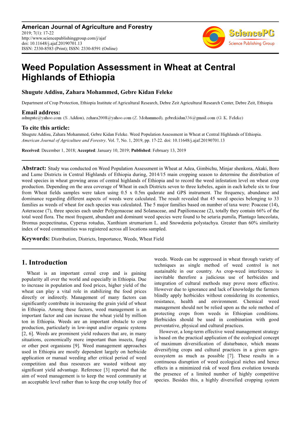 Weed Population Assessment in Wheat at Central Highlands of Ethiopia