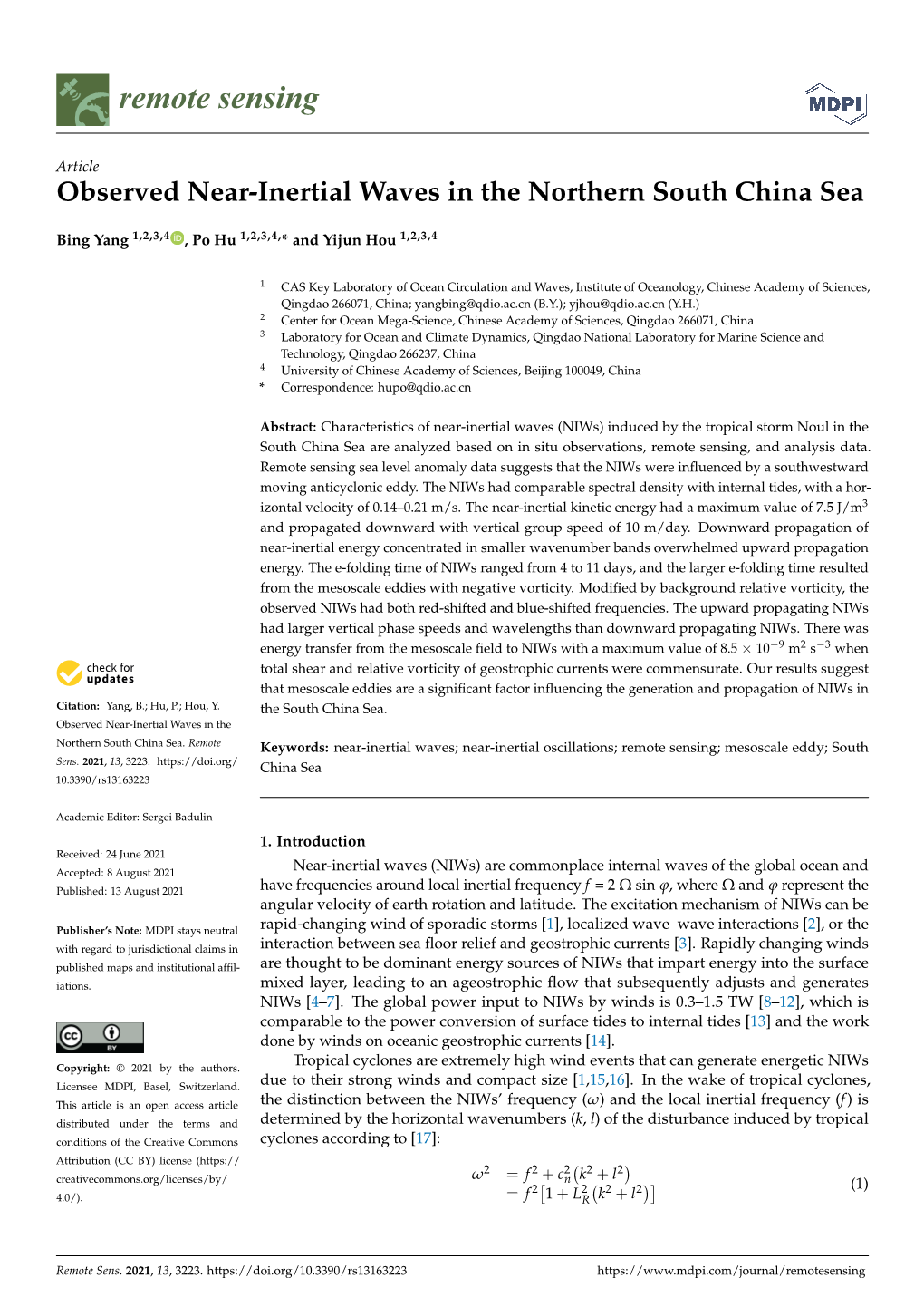 Observed Near-Inertial Waves in the Northern South China Sea