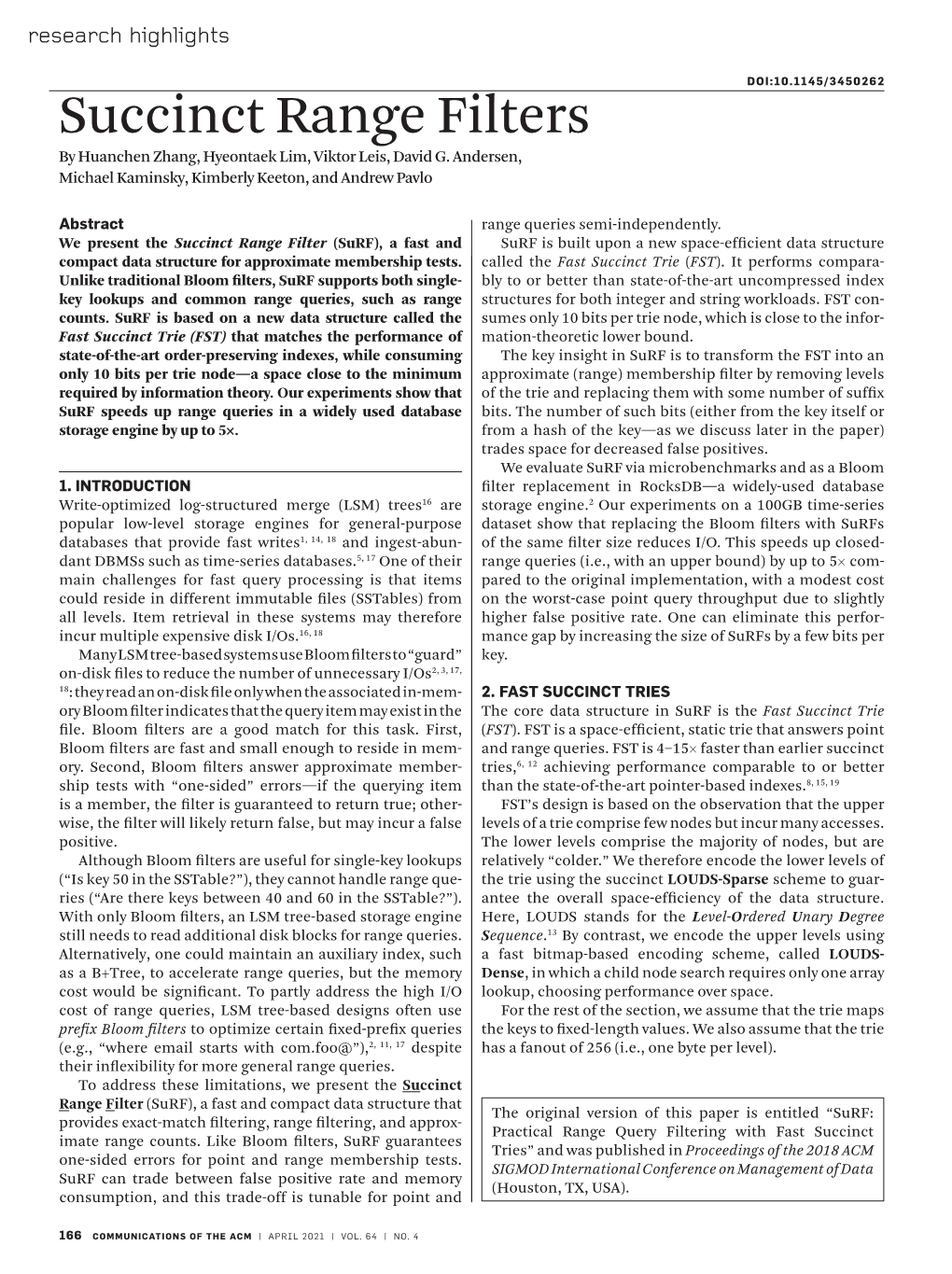 Succinct Range Filters by Huanchen Zhang, Hyeontaek Lim, Viktor Leis, David G