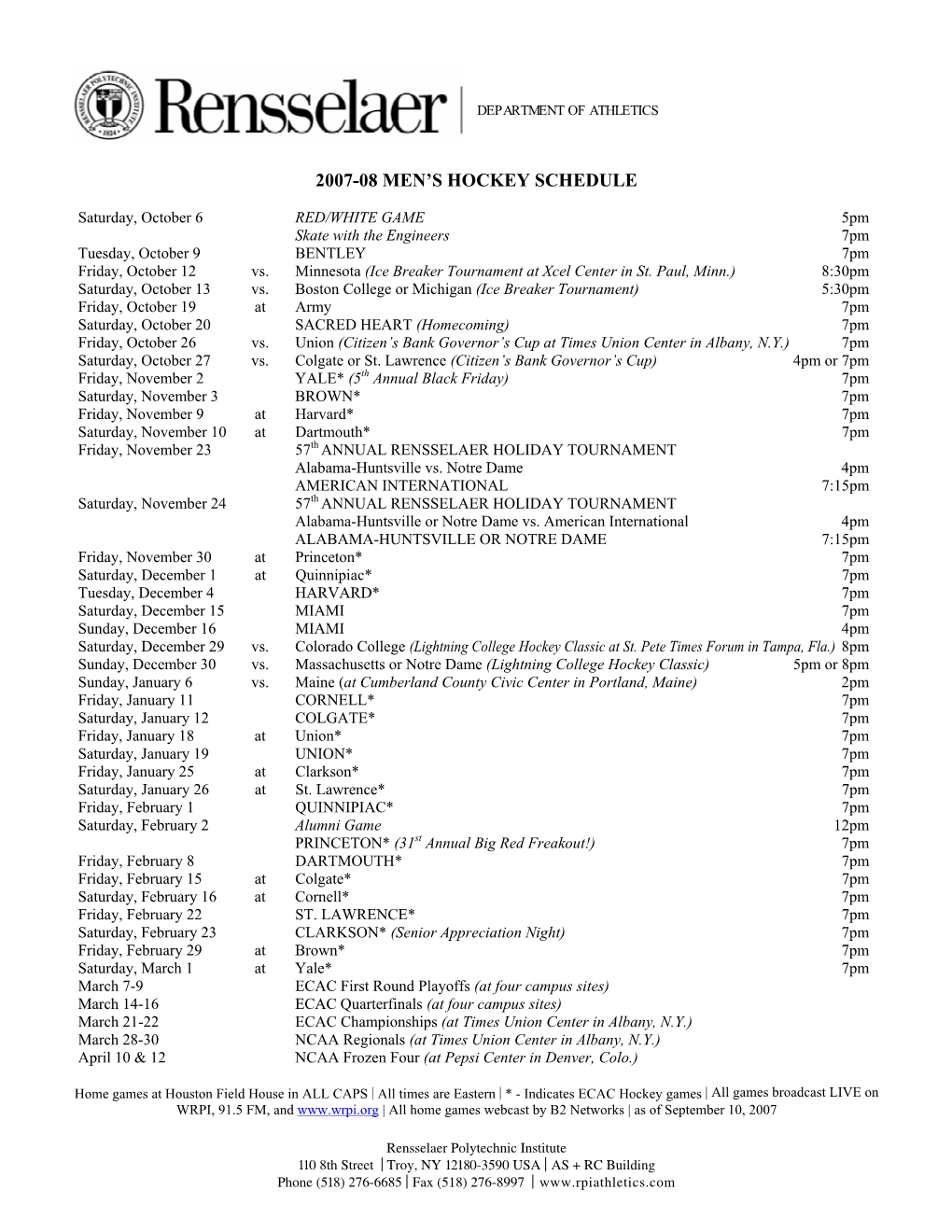 2007-08 Men's Hockey Schedule