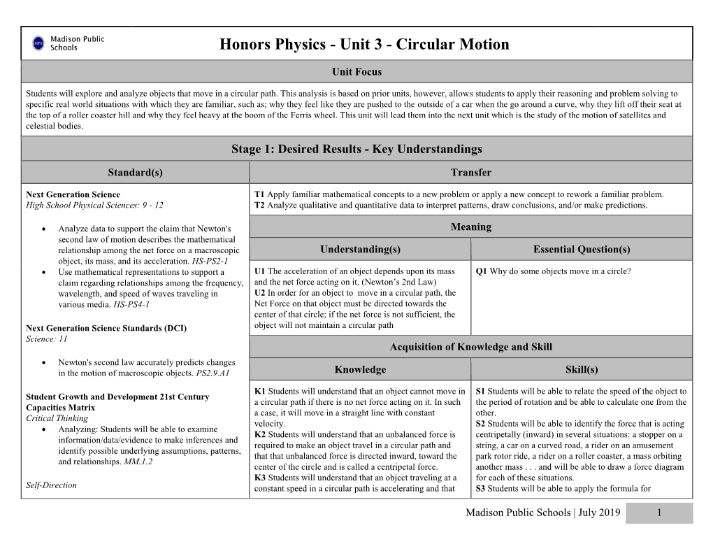 Honors Physics Unit 3