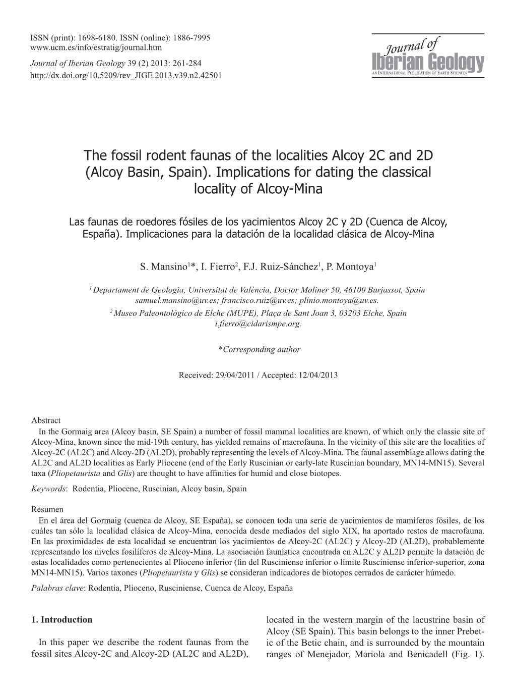 (Alcoy Basin, Spain). Implications for Dating the Classical Locality of Alcoy-Mina