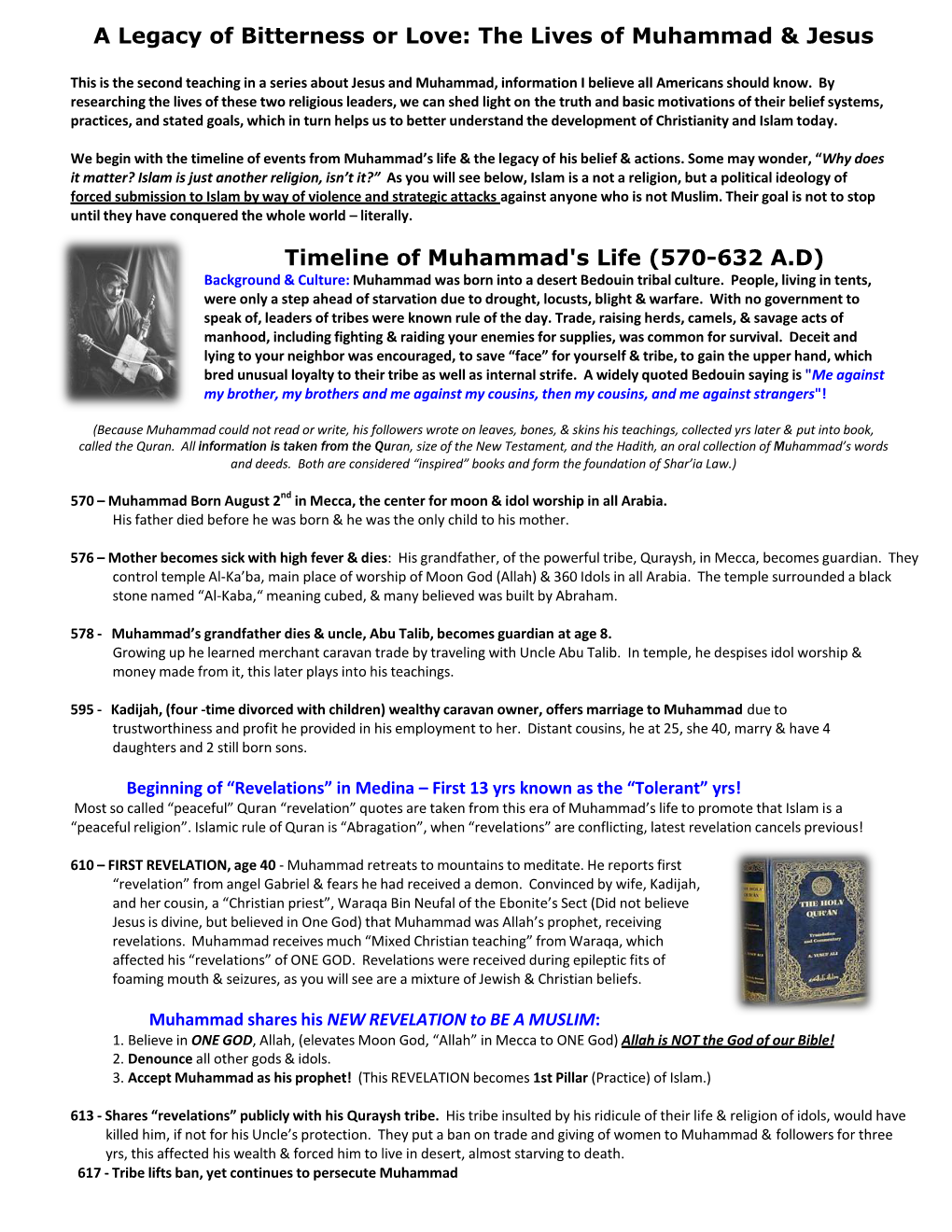 A Legacy of Bitterness Or Love: the Lives of Muhammad & Jesus Timeline of Muhammad's Life