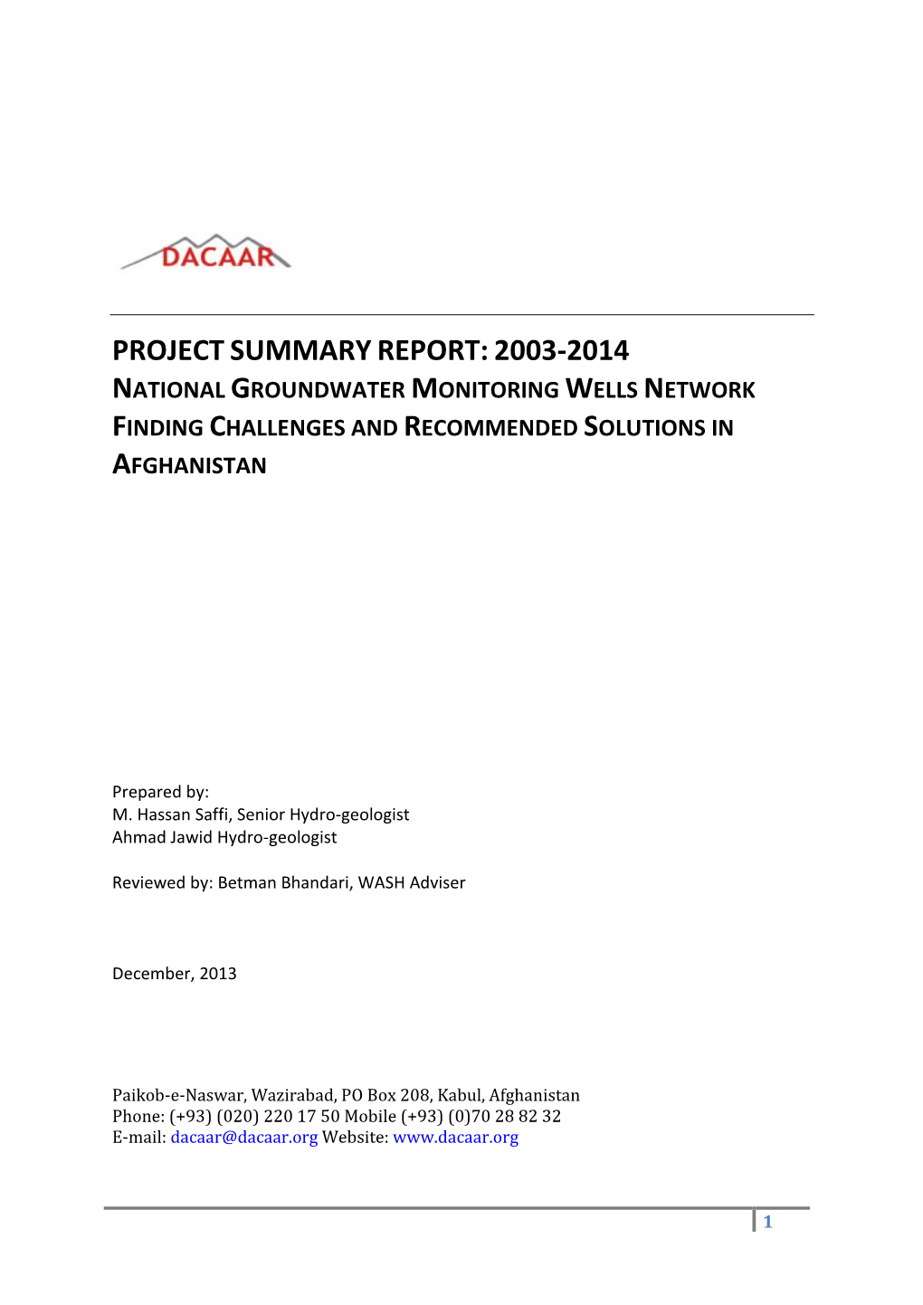 Projectsummaryreport:2003-2014 National Groundwater