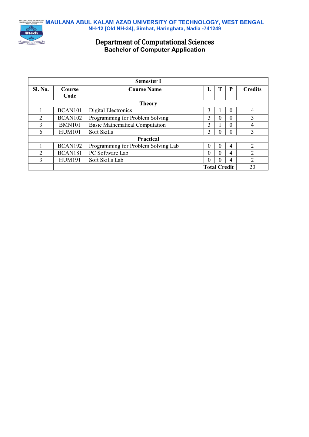 Department of Computational Sciences Bachelor of Computer Application