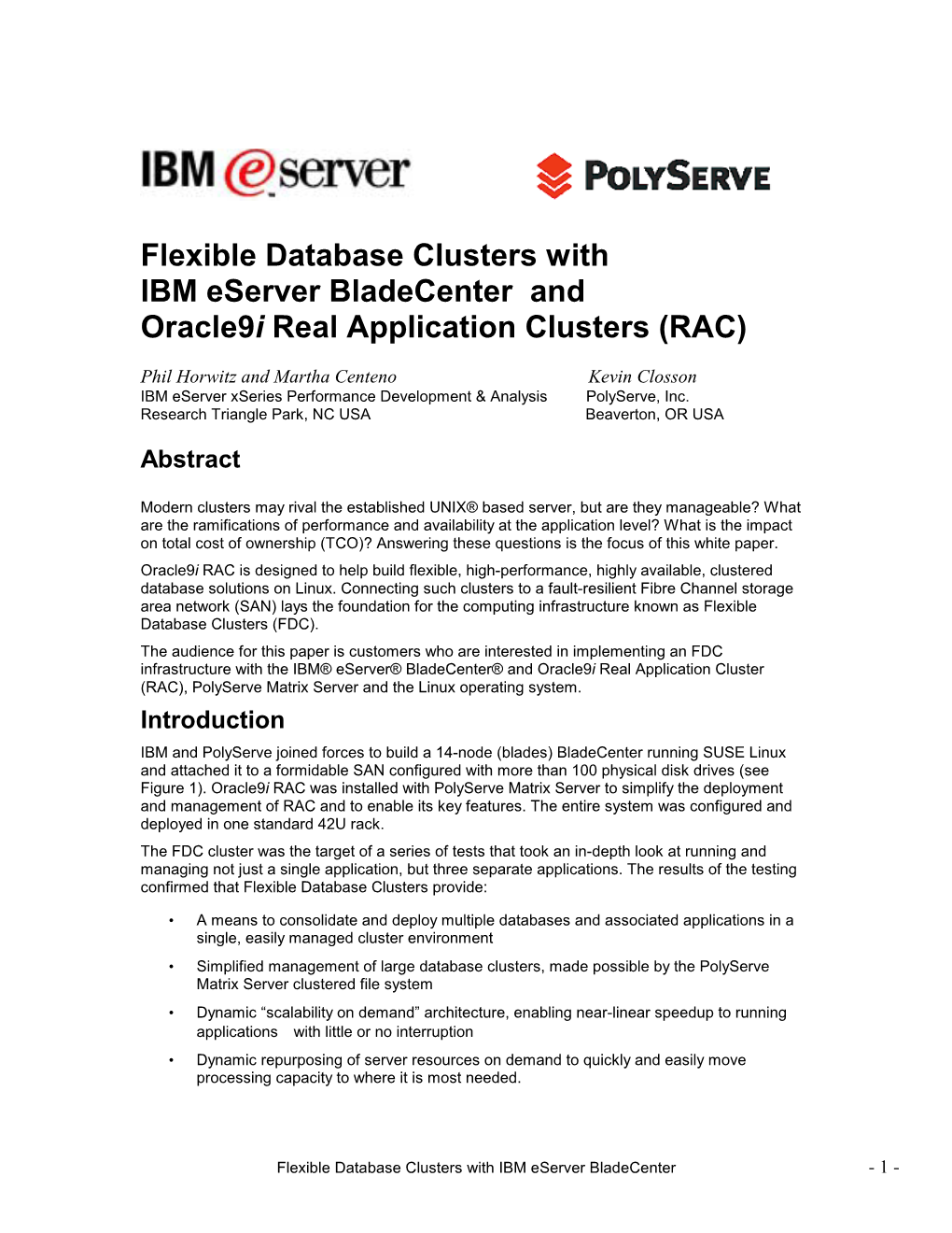 Flexible Database Clusters with IBM Eserver Bladecenter and Oracle9i Real Application Clusters (RAC)