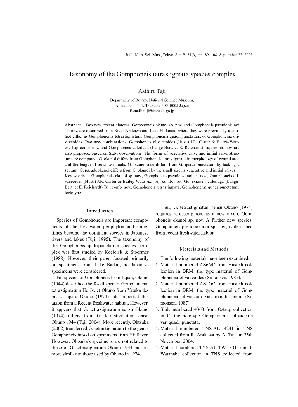 Taxonomy of the Gomphoneis Tetrastigmata Species Complex