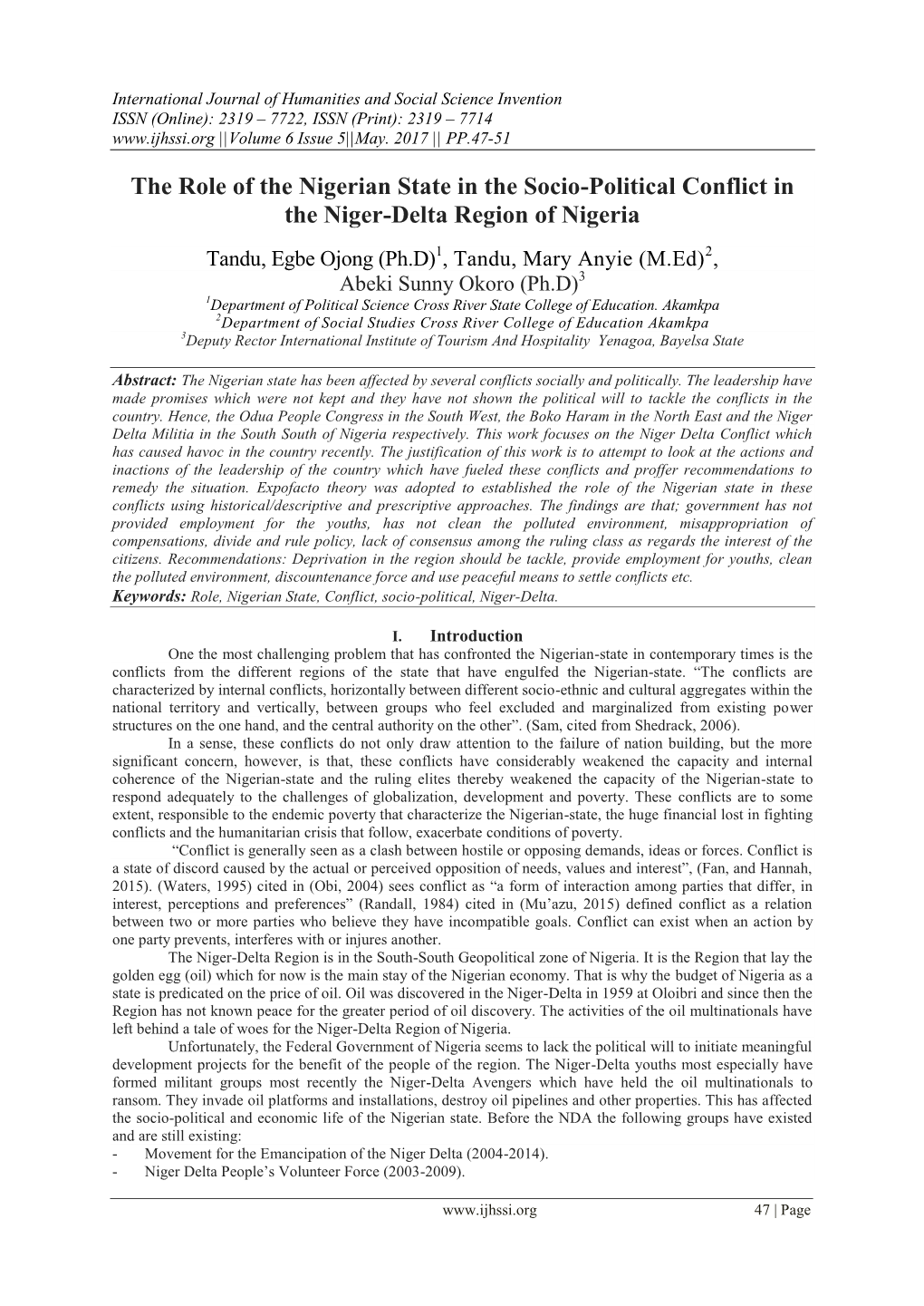 The Role of the Nigerian State in the Socio-Political Conflict in the Niger-Delta Region of Nigeria