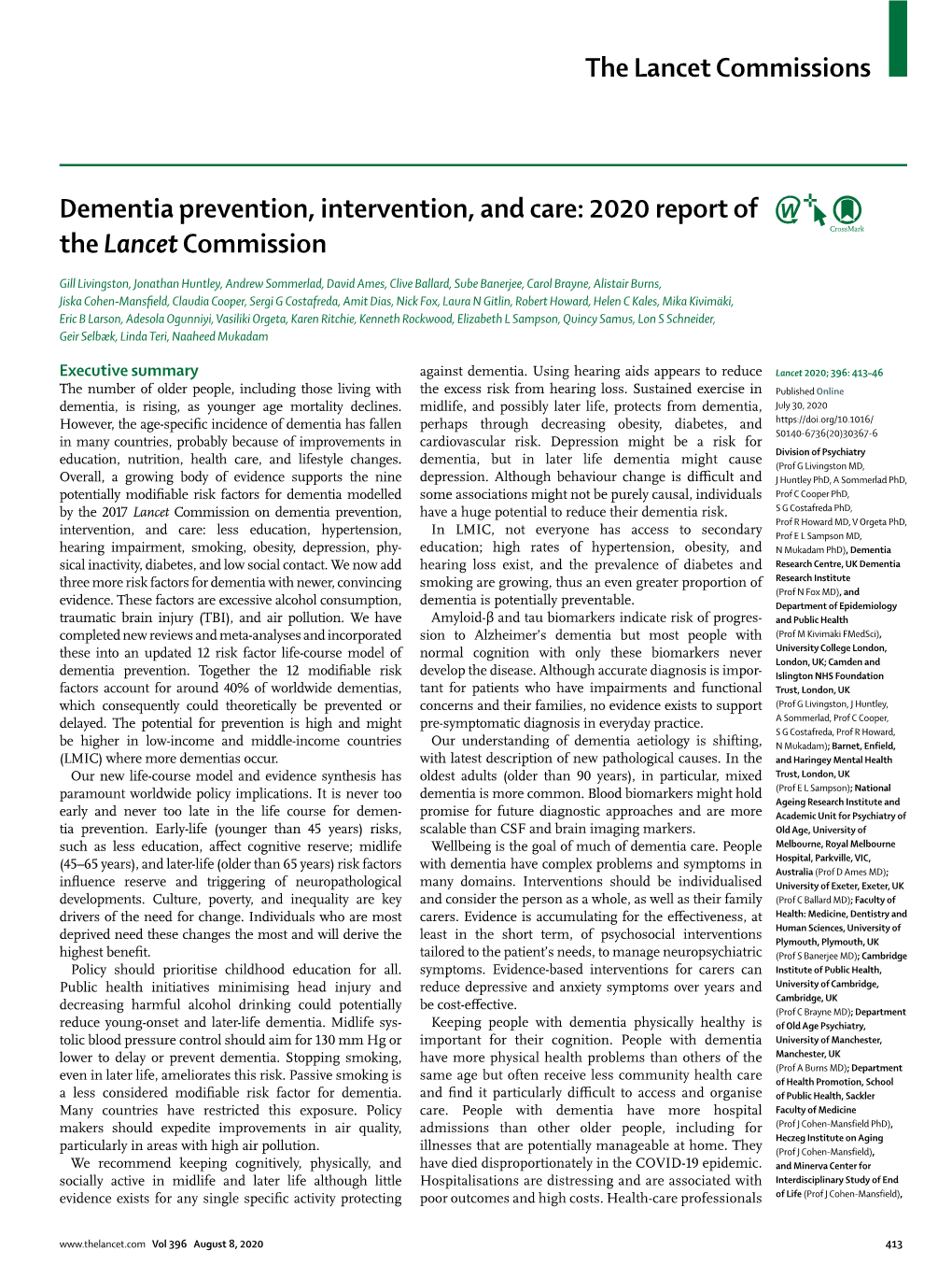 Dementia Prevention, Intervention, and Care: 2020 Report of the Lancet Commission