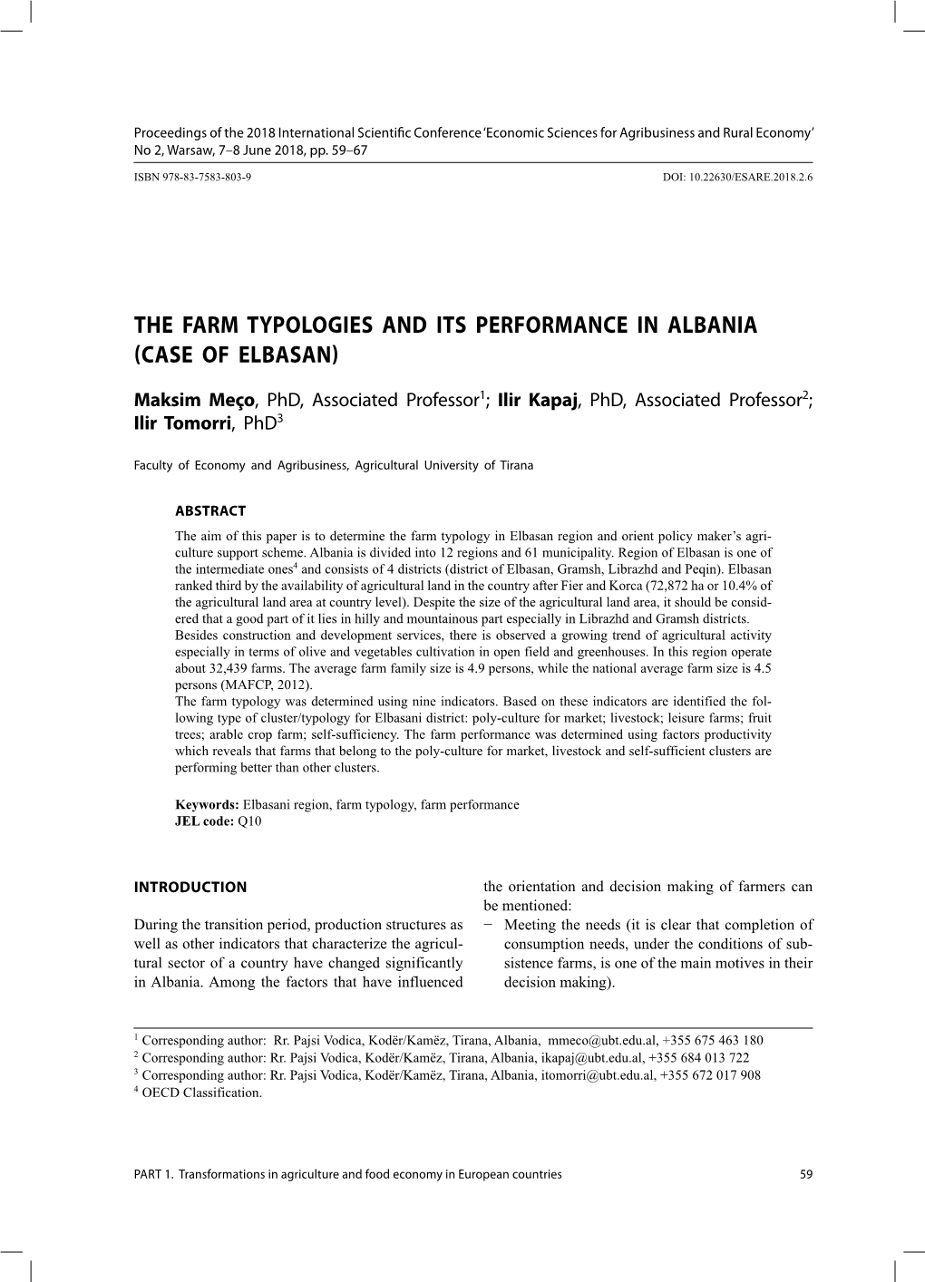 The Farm Typologies and Its Performance in Albania (Case of Elbasan)