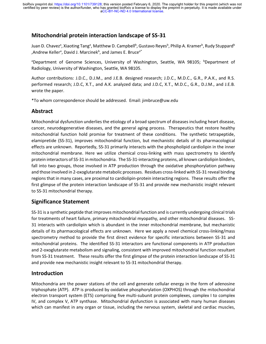 Mitochondrial Protein Interaction Landscape of SS-31