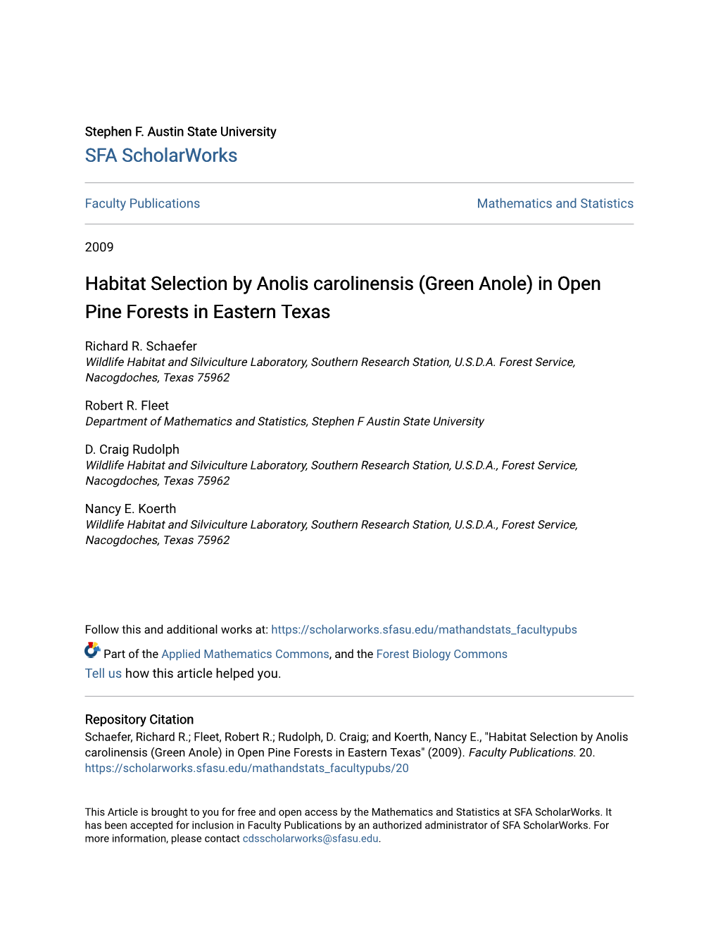 Habitat Selection by Anolis Carolinensis (Green Anole) in Open Pine Forests in Eastern Texas