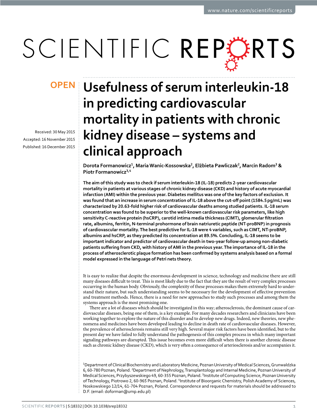 Usefulness of Serum Interleukin-18 in Predicting Cardiovascular Mortality