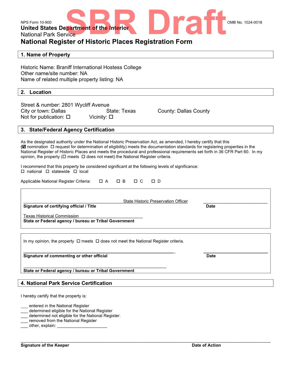 National Register of Historic Places REGISTRATION FORM NPS Form 10-900 OMB No