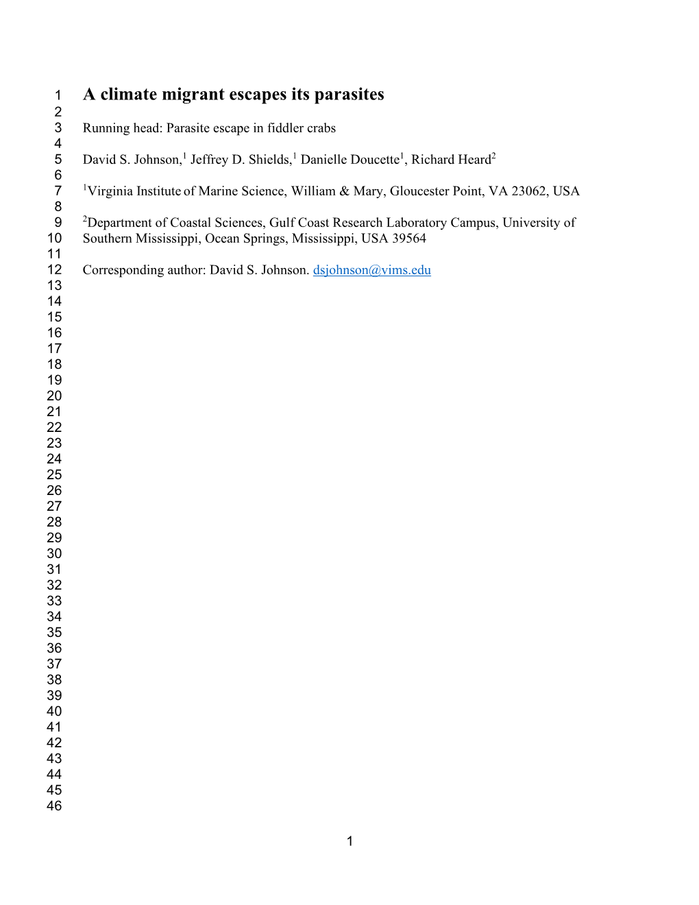 A Climate Migrant Escapes Its Parasites 2 3 Running Head: Parasite Escape in Fiddler Crabs 4 5 David S