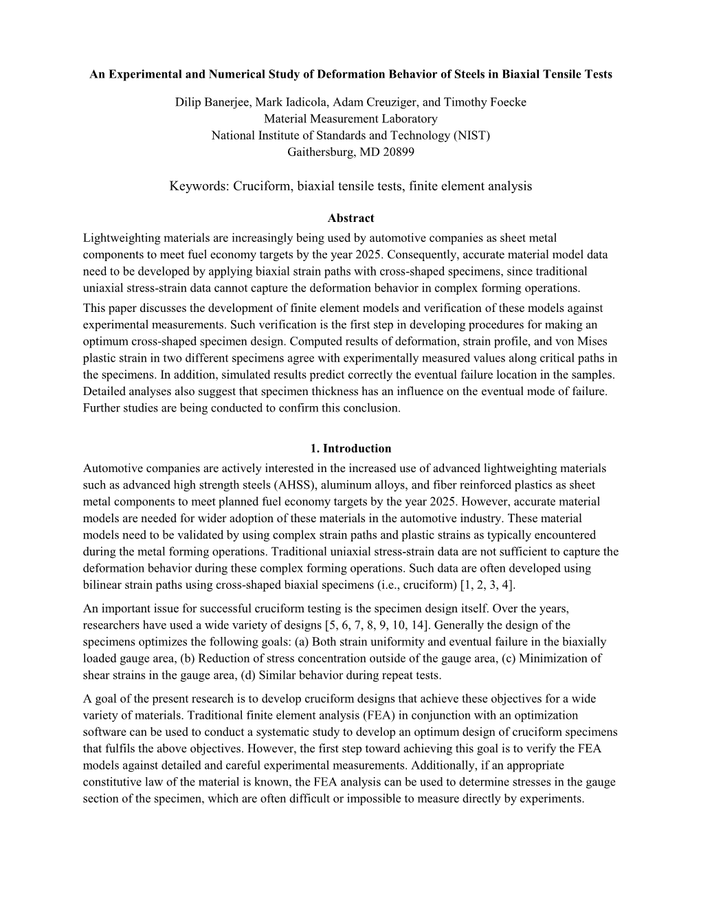 Cruciform, Biaxial Tensile Tests, Finite Element Analysis