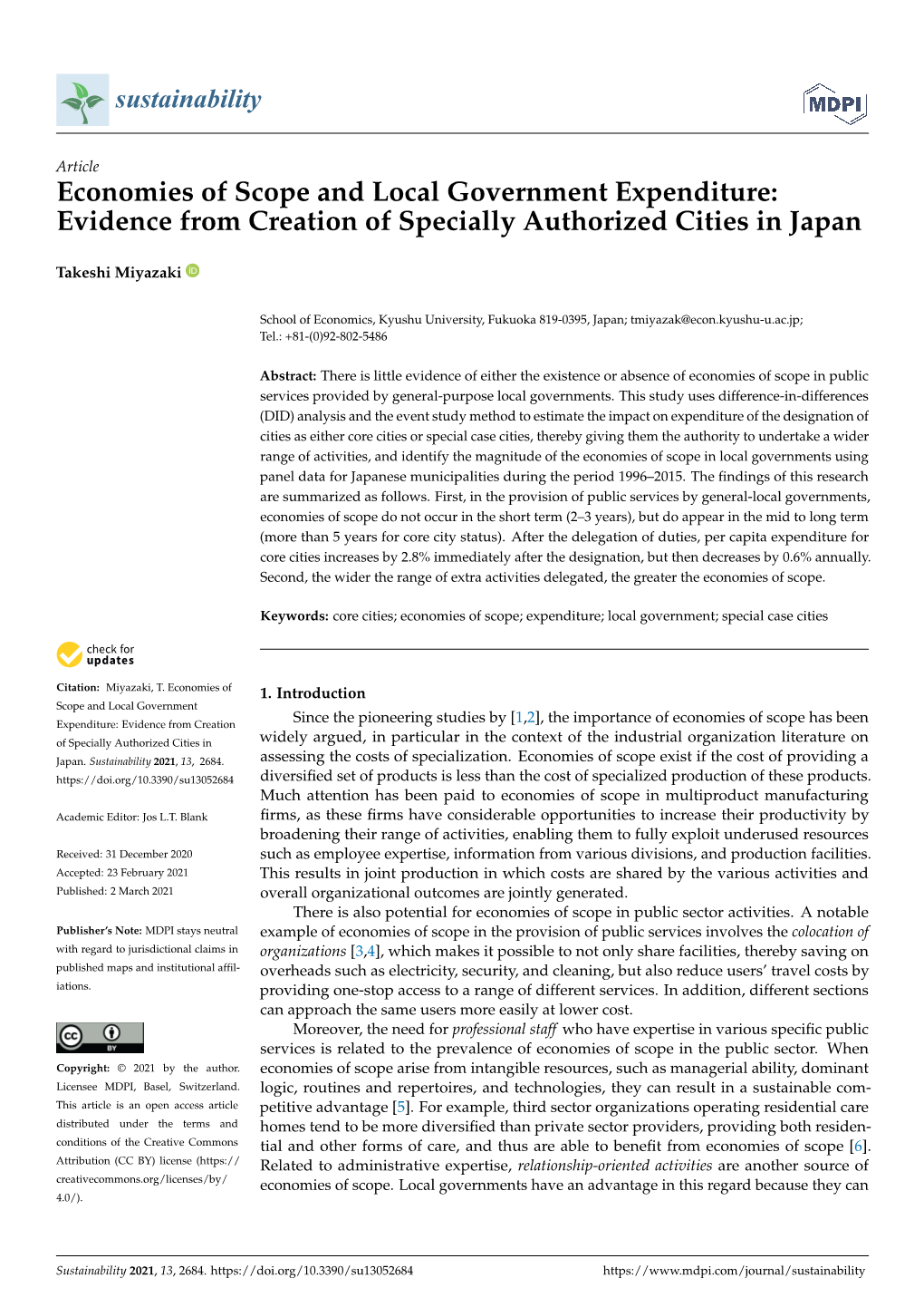 Economies of Scope and Local Government Expenditure: Evidence from Creation of Specially Authorized Cities in Japan