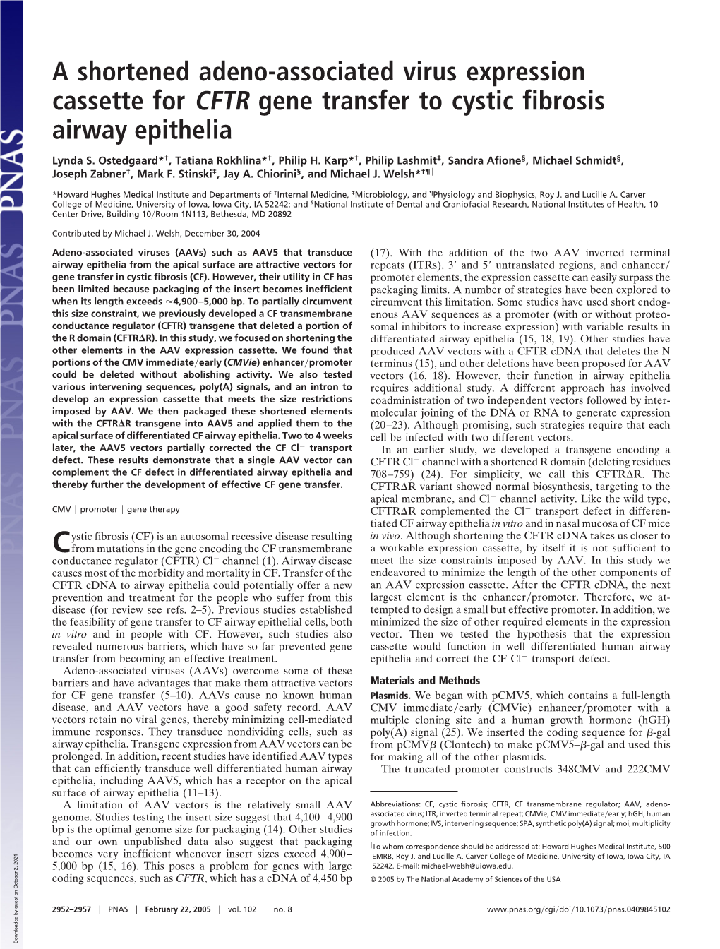 A Shortened Adeno-Associated Virus Expression Cassette for CFTR Gene Transfer to Cystic Fibrosis Airway Epithelia