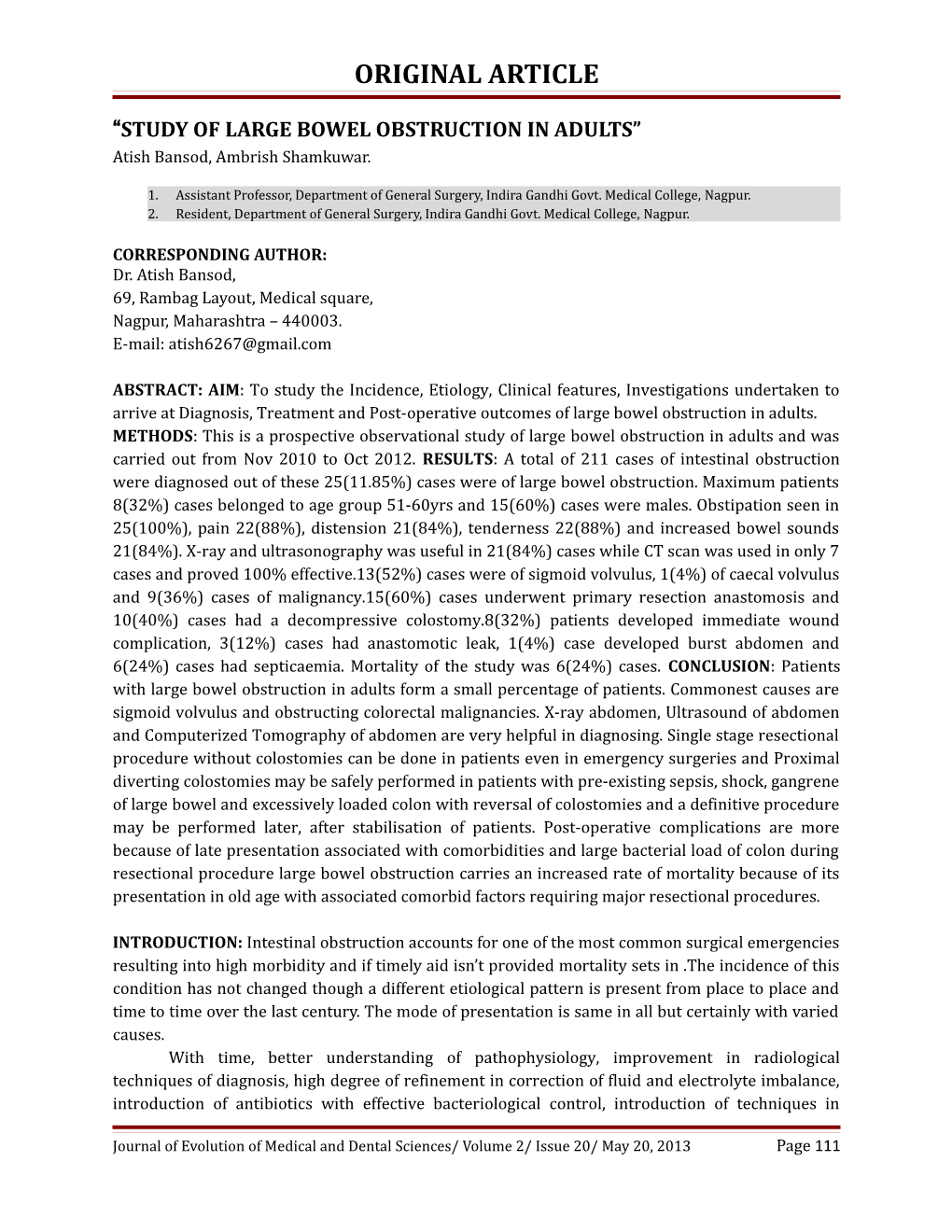 Study of Large Bowel Obstruction in Adults