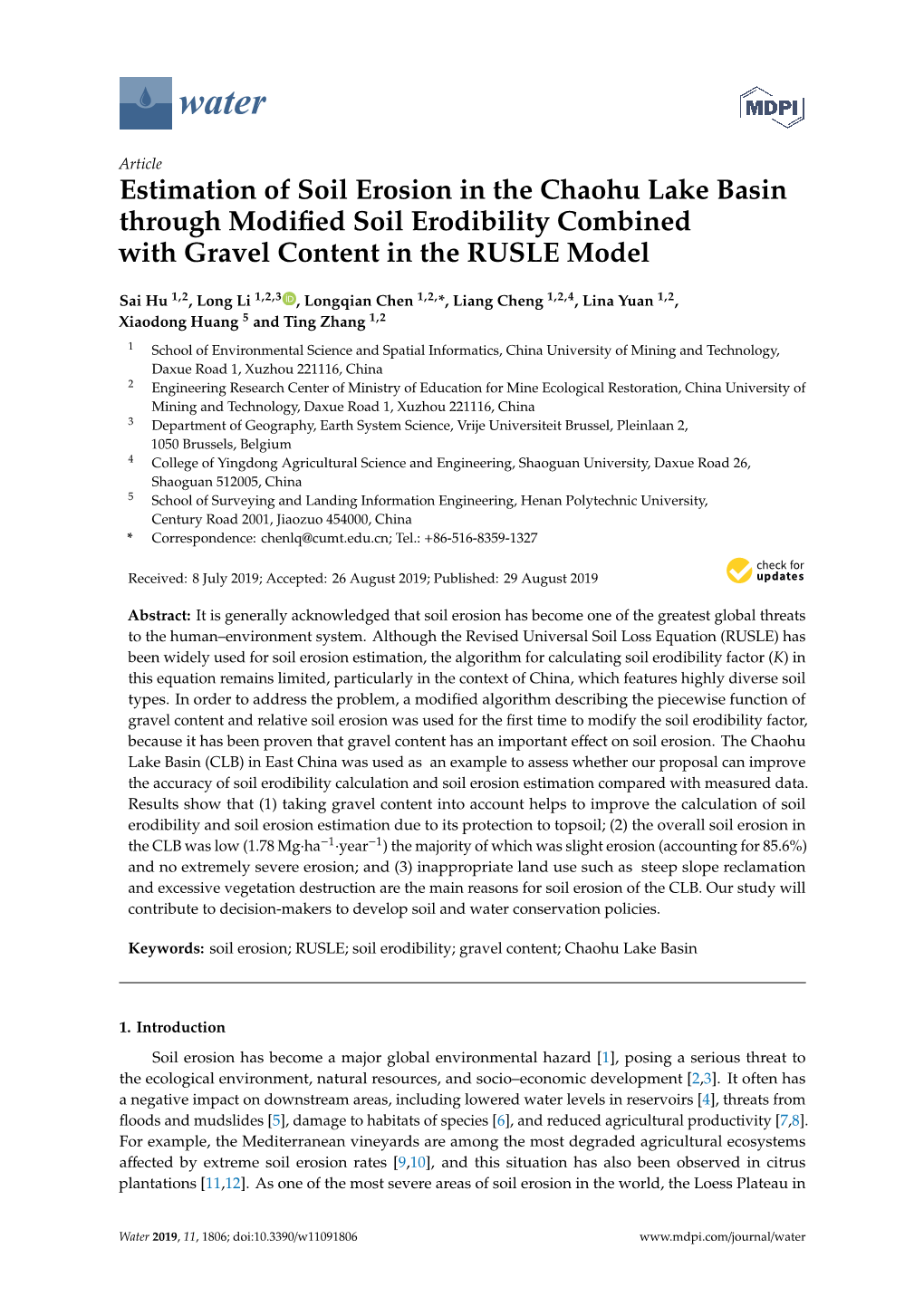 Estimation of Soil Erosion in the Chaohu Lake Basin Through Modiﬁed Soil Erodibility Combined with Gravel Content in the RUSLE Model