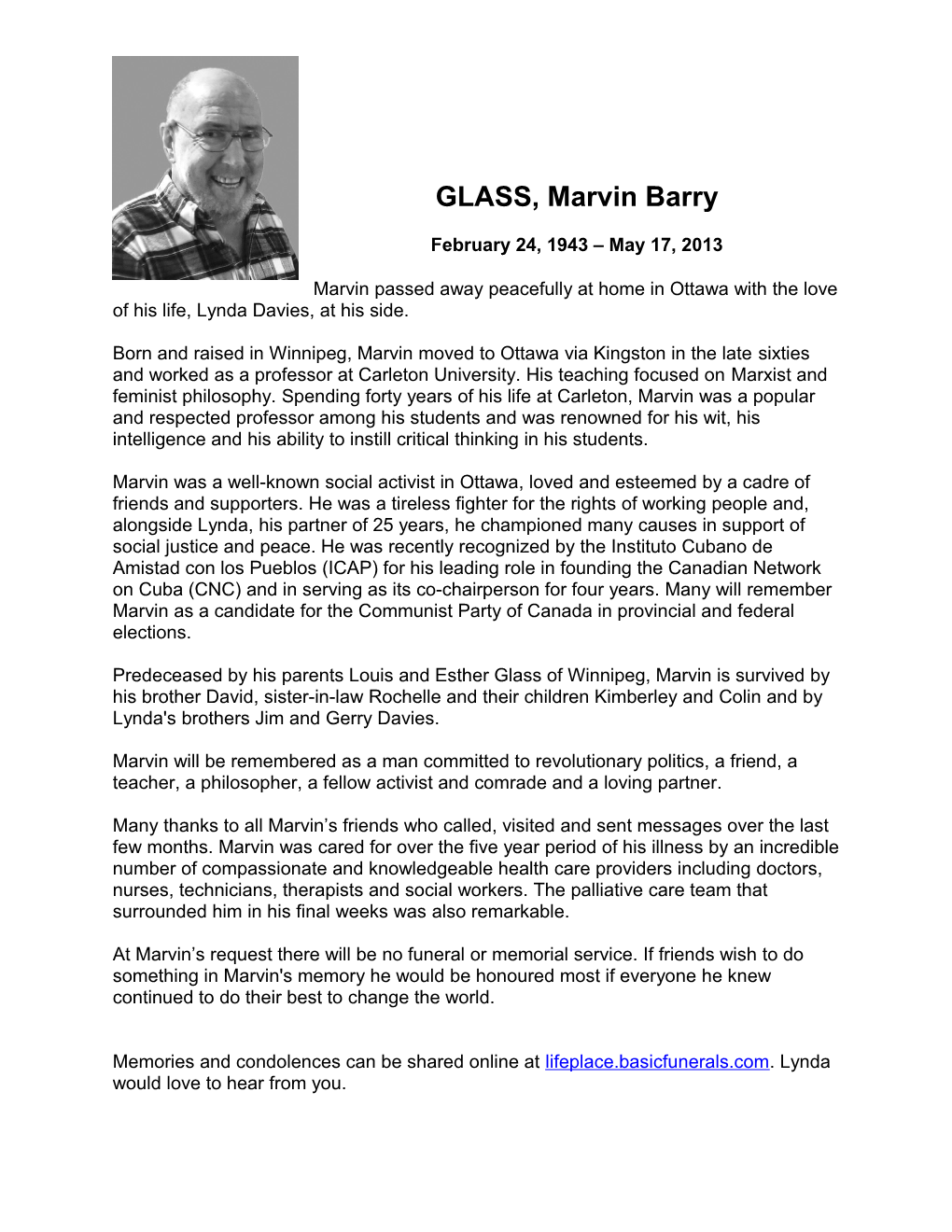 GLASS, Marvin Barry February 24, 1943 May 17, 2013