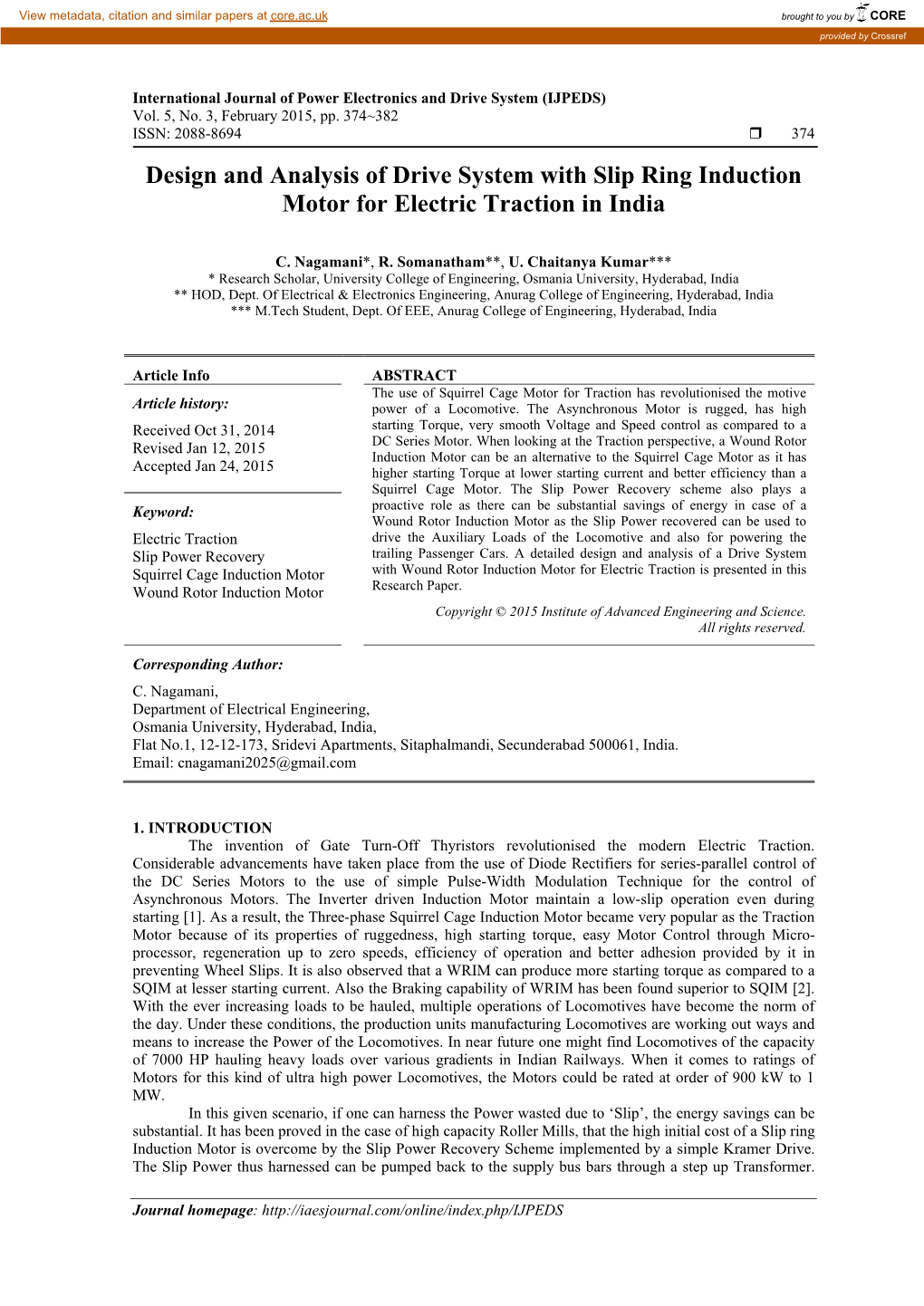 Design and Analysis of Drive System with Slip Ring Induction Motor for Electric Traction in India