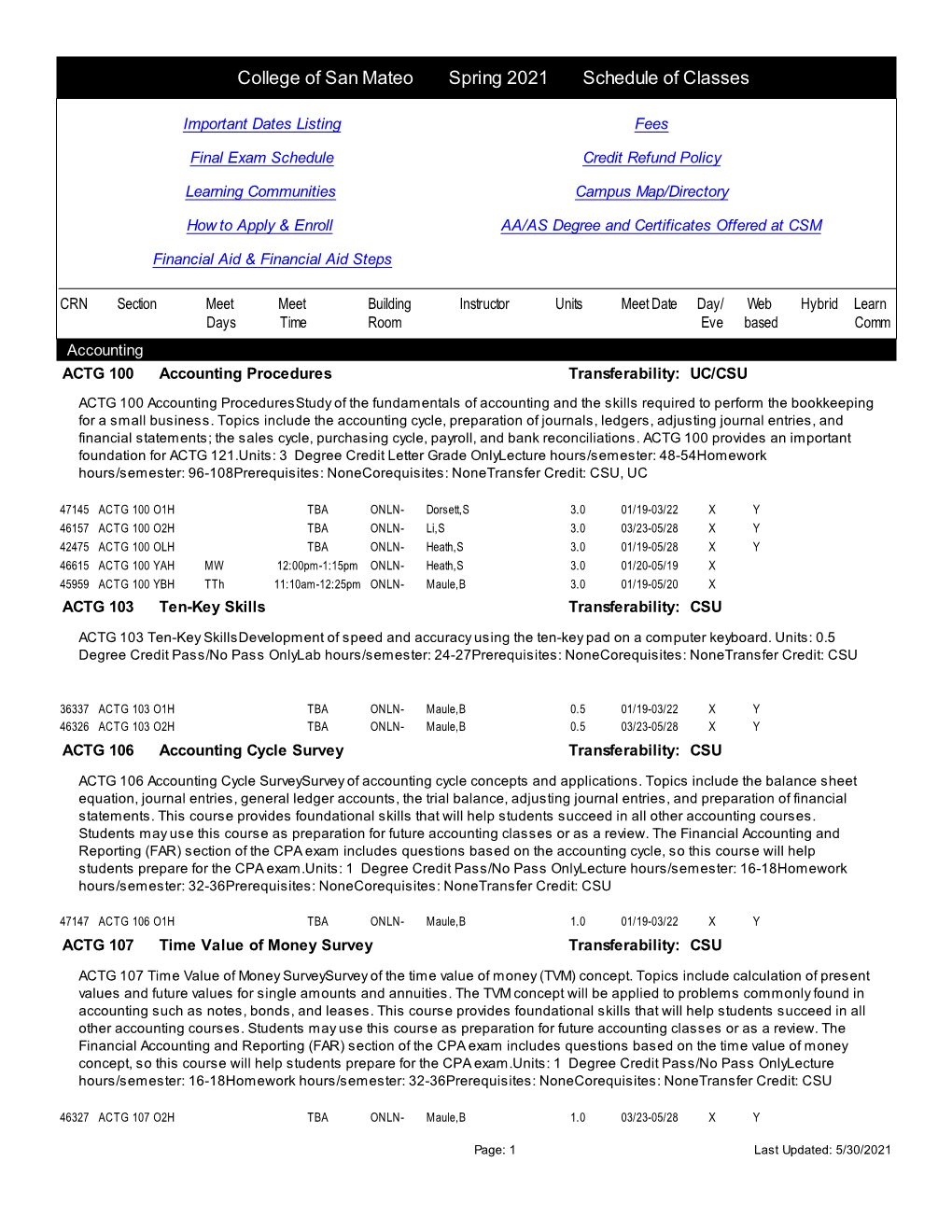 College of San Mateo Spring 2021 Schedule of Classes