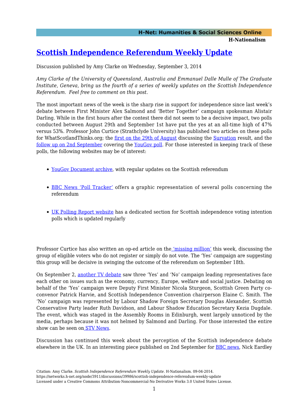 Scottish Independence Referendum Weekly Update