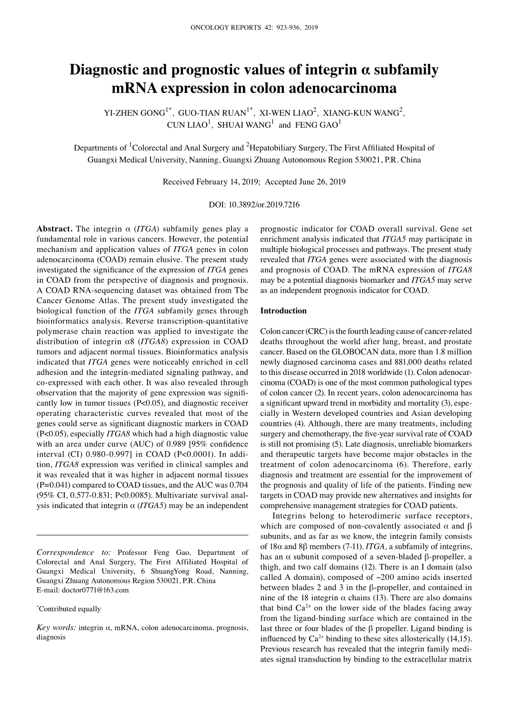 Diagnostic and Prognostic Values of Integrin Α Subfamily Mrna Expression in Colon Adenocarcinoma