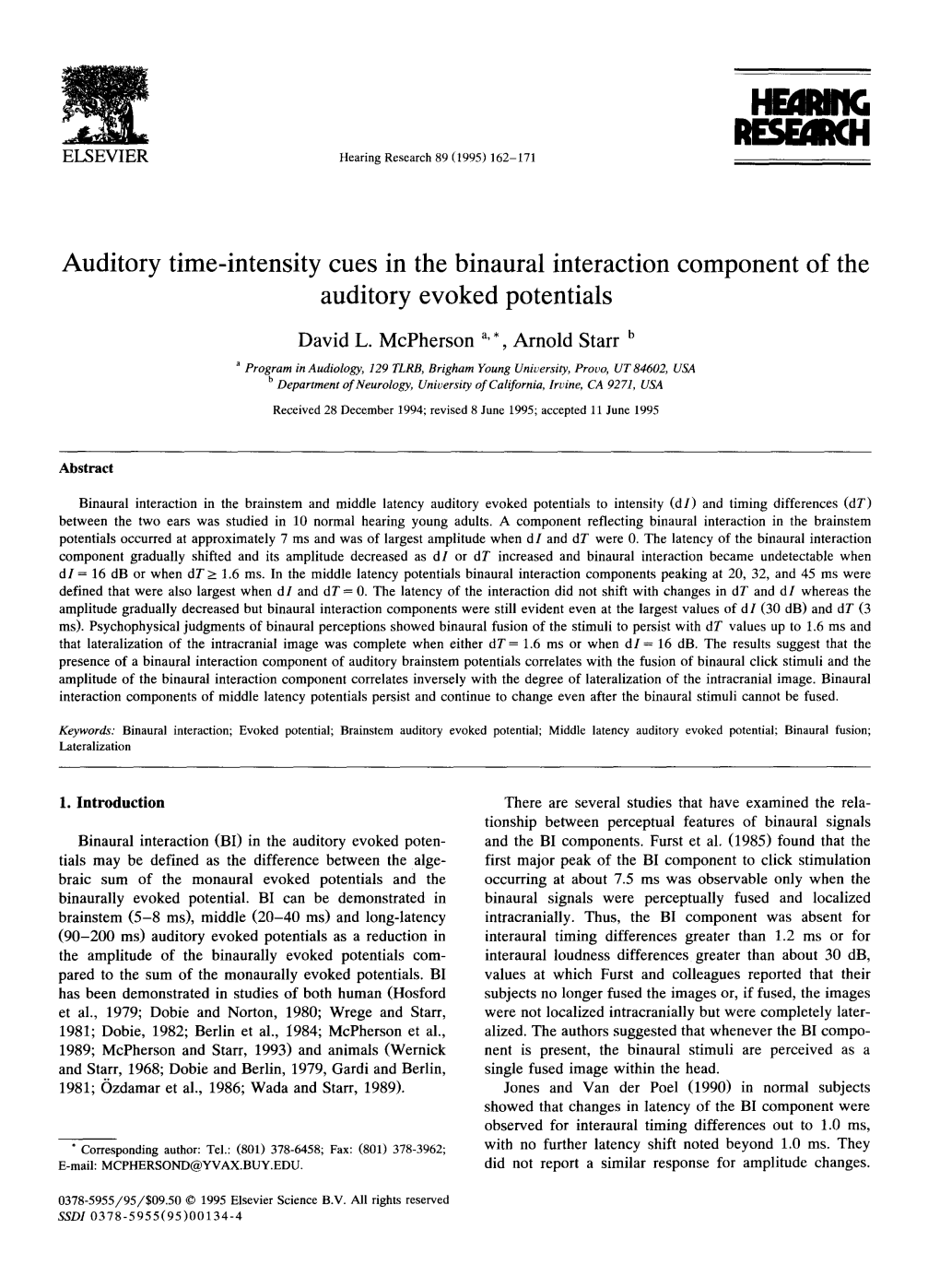 Auditory Time-Intensity Cues in the Binaural Interaction Component of the Auditory Evoked Potentials