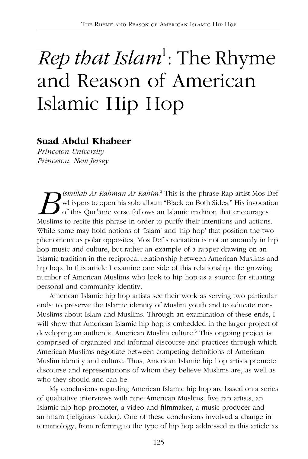 Rep That Islam1: the Rhyme and Reason of American Islamic Hip